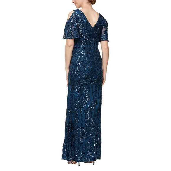 Women's Sequin Stretch Lace Cold Shoulder Gown 14 Petite Deep Ocean Blue - Picture 2 of 3